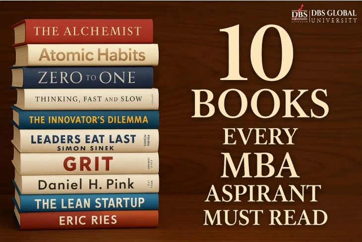 A focused MBA student reading essential business books for success